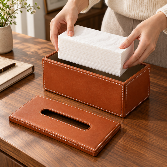 Cognac Brown Tissue Box Cover with Contrast Stitching and a Structured Rectangular Shape