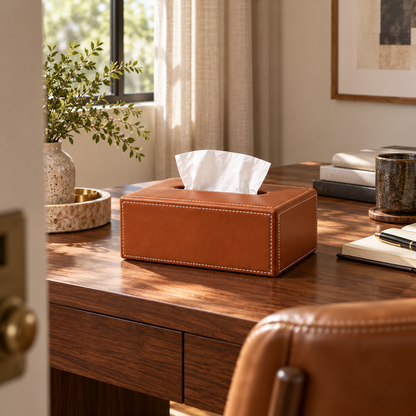 Cognac Brown Tissue Box Cover with Contrast Stitching and a Structured Rectangular Shape