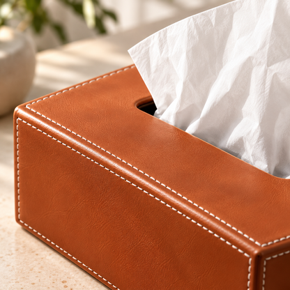 Cognac Brown Tissue Box Cover with Contrast Stitching and a Structured Rectangular Shape