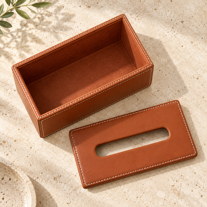 Cognac Brown Tissue Box Cover with Contrast Stitching and a Structured Rectangular Shape