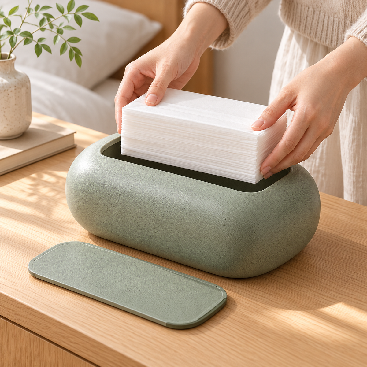 Sage Green Tissue Box Cover with a Rounded Pebble Shape and Softly Textured Finish
