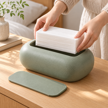 Sage Green Tissue Box Cover with a Rounded Pebble Shape and Softly Textured Finish