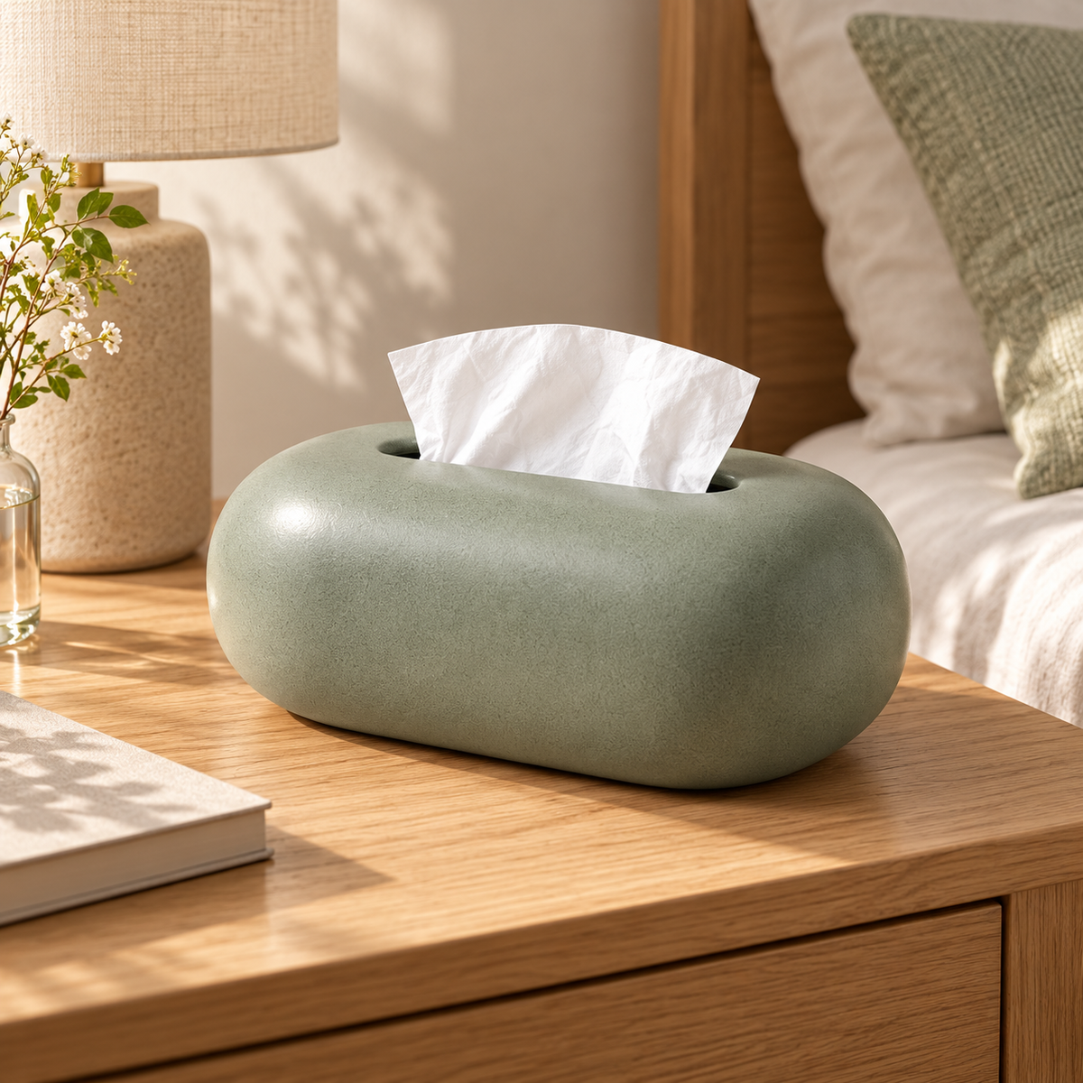 Sage Green Tissue Box Cover with a Rounded Pebble Shape and Softly Textured Finish