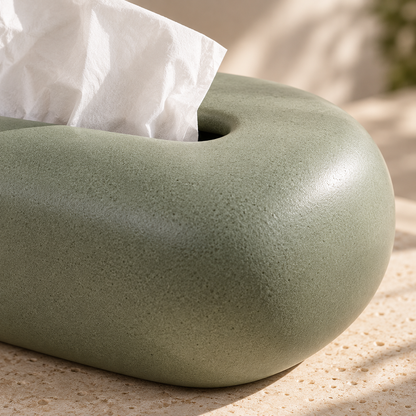 Sage Green Tissue Box Cover with a Rounded Pebble Shape and Softly Textured Finish