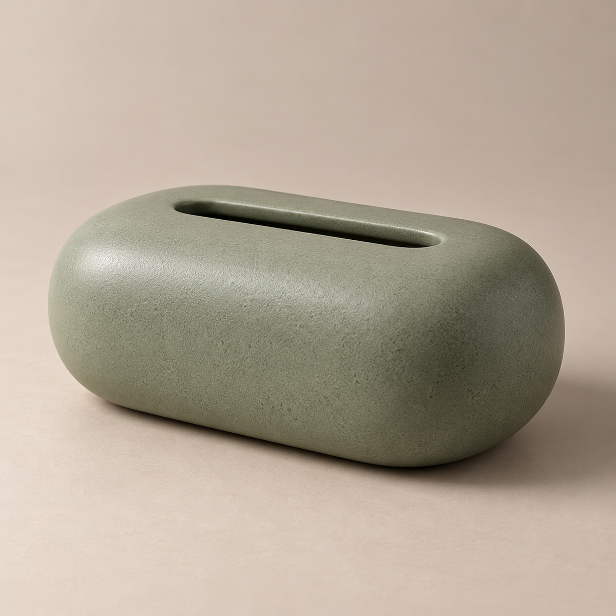 Sage Green Tissue Box Cover with a Rounded Pebble Shape and Softly Textured Finish