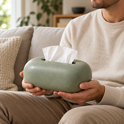 Sage Green Tissue Box Cover with a Rounded Pebble Shape and Softly Textured Finish