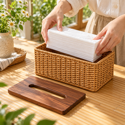 Natural-Tone Woven Tissue Box Cover with a Wood-Look Top and Textured Rectangular Body