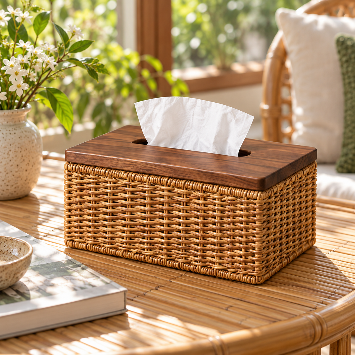 Natural-Tone Woven Tissue Box Cover with a Wood-Look Top and Textured Rectangular Body
