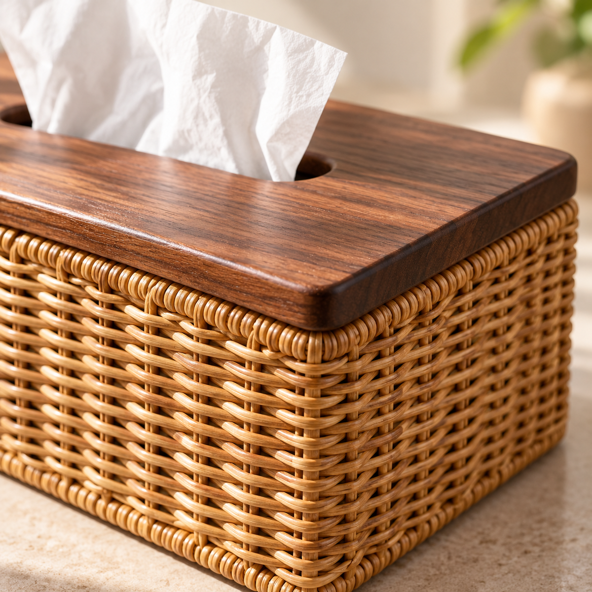 Natural-Tone Woven Tissue Box Cover with a Wood-Look Top and Textured Rectangular Body