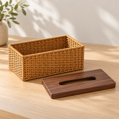 Natural-Tone Woven Tissue Box Cover with a Wood-Look Top and Textured Rectangular Body
