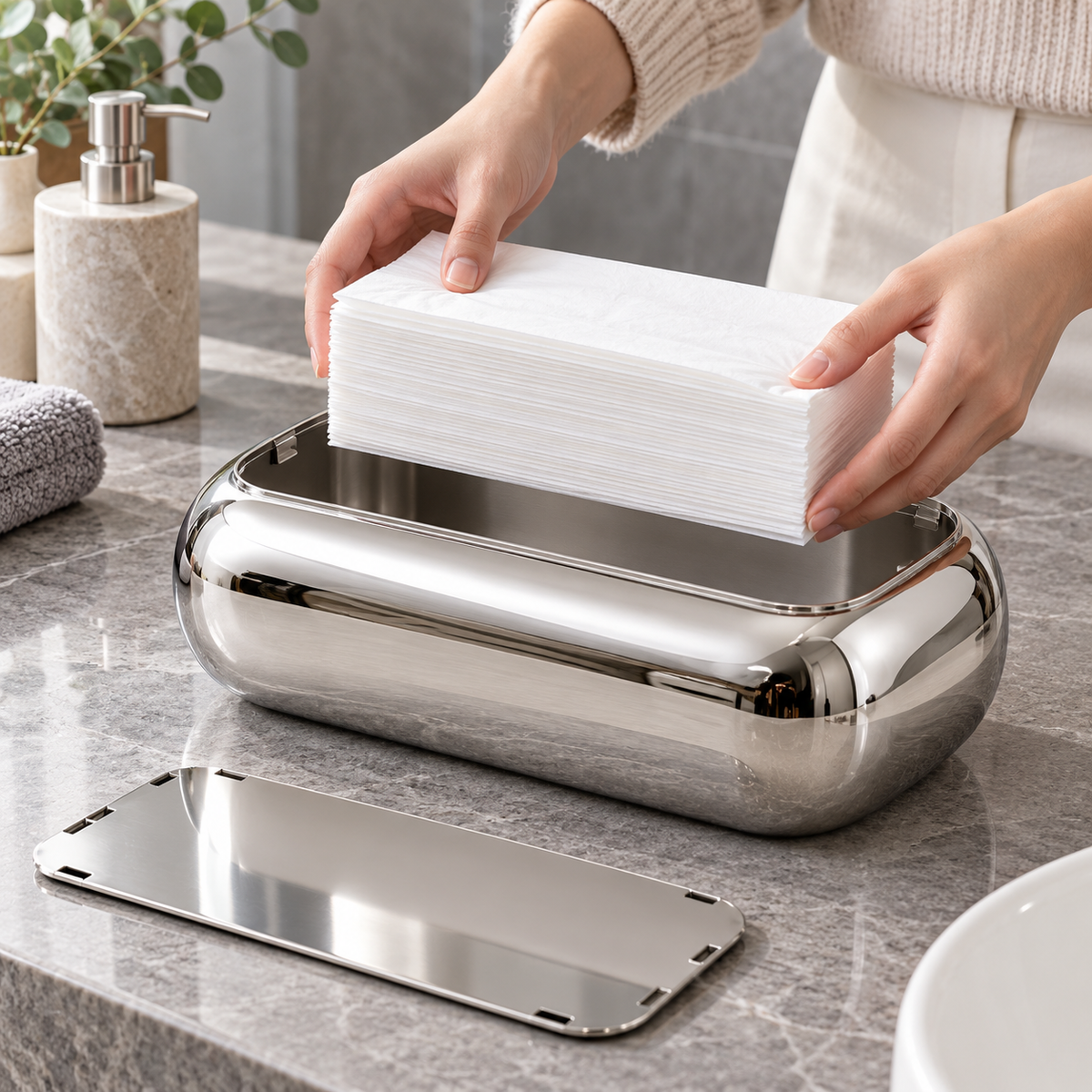 Mirror Silver Tissue Box Cover with a Reflective Finish and Smooth Rounded Silhouette