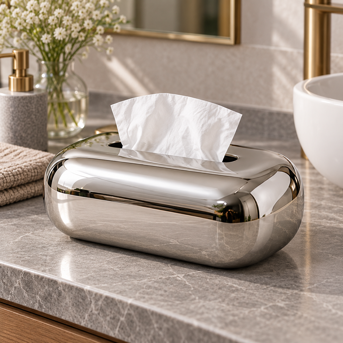 Mirror Silver Tissue Box Cover with a Reflective Finish and Smooth Rounded Silhouette
