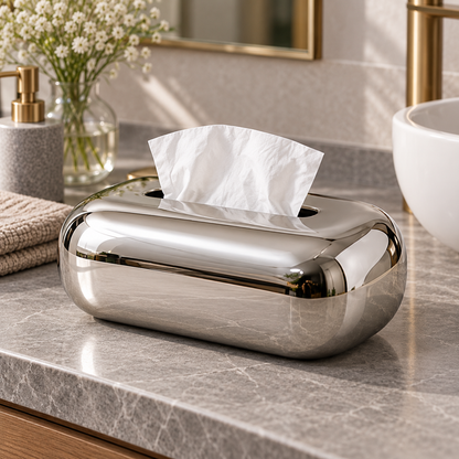 Mirror Silver Tissue Box Cover with a Reflective Finish and Smooth Rounded Silhouette