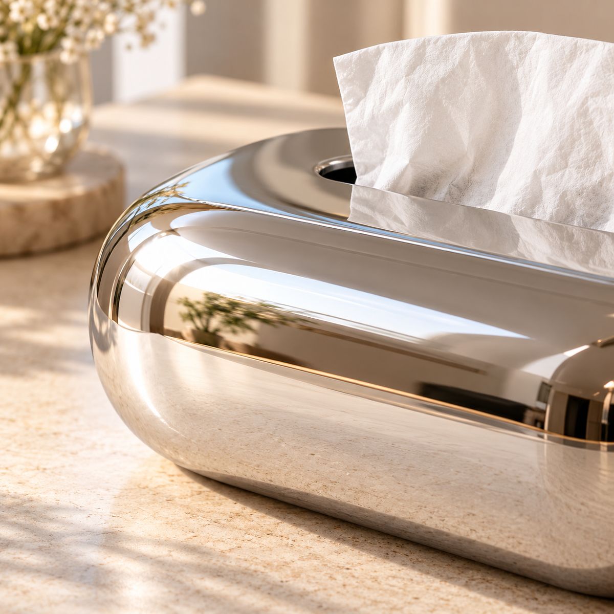 Mirror Silver Tissue Box Cover with a Reflective Finish and Smooth Rounded Silhouette