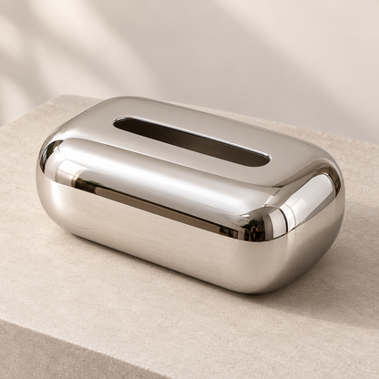 Mirror Silver Tissue Box Cover with a Reflective Finish and Smooth Rounded Silhouette