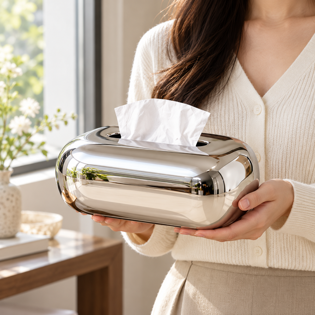 Mirror Silver Tissue Box Cover with a Reflective Finish and Smooth Rounded Silhouette
