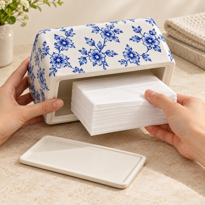 Blue and White Floral Tissue Box Cover with a Porcelain-Inspired Finish and Rounded Rectangular Shape