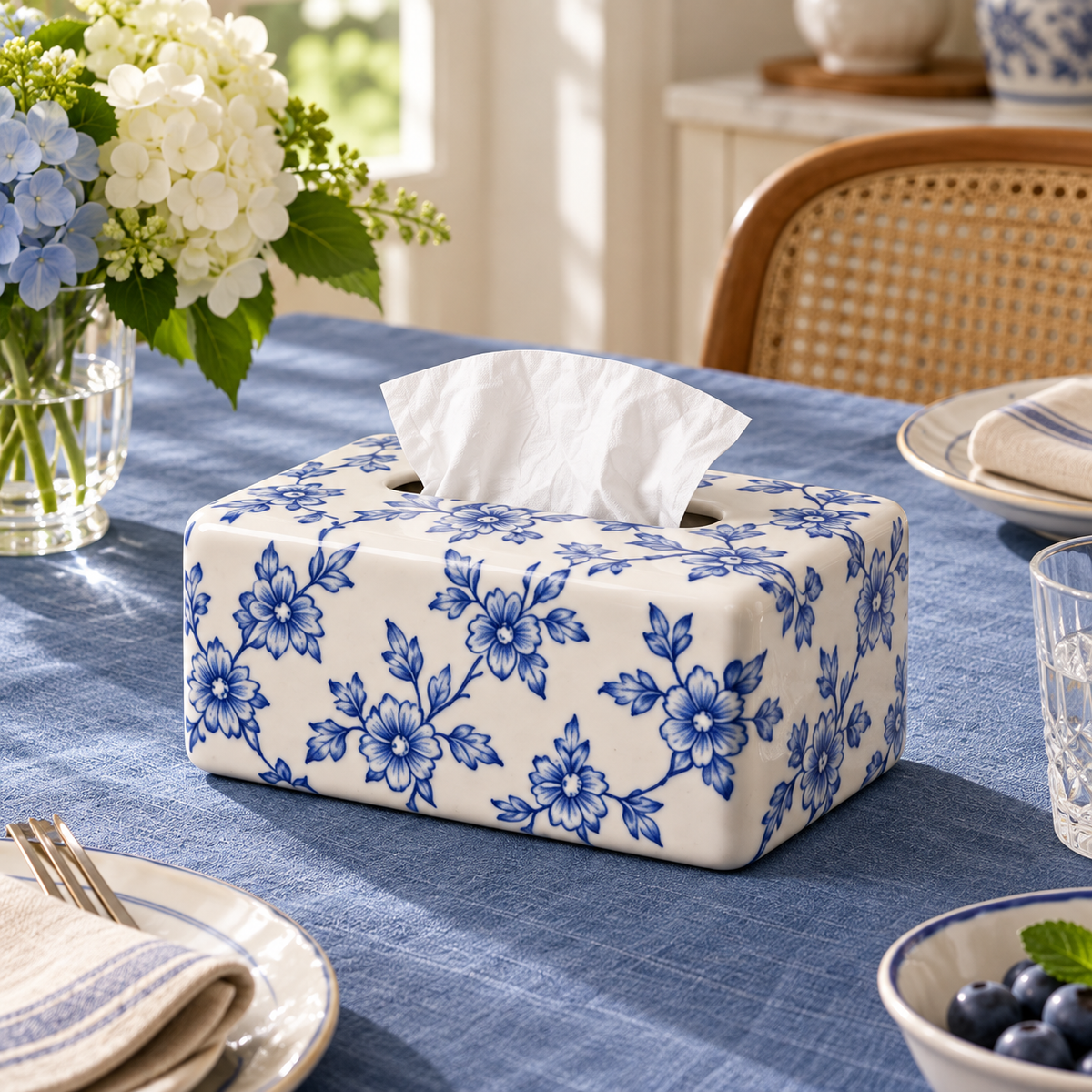 Blue and White Floral Tissue Box Cover with a Porcelain-Inspired Finish and Rounded Rectangular Shape