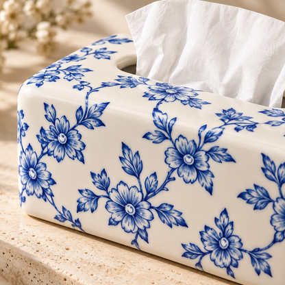 Blue and White Floral Tissue Box Cover with a Porcelain-Inspired Finish and Rounded Rectangular Shape