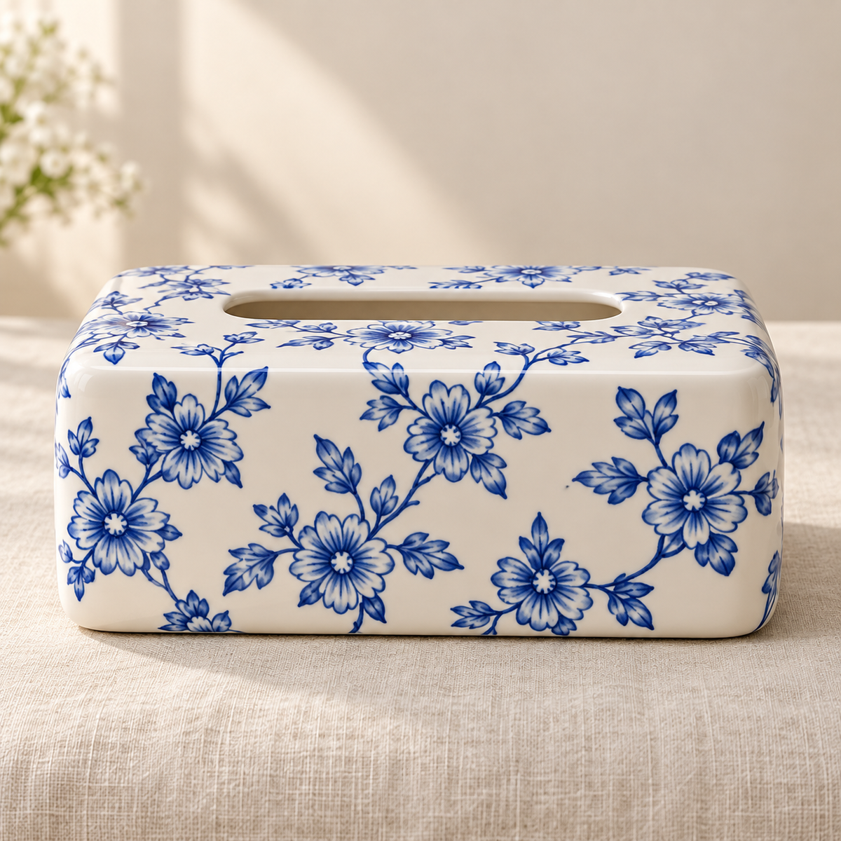 Blue and White Floral Tissue Box Cover with a Porcelain-Inspired Finish and Rounded Rectangular Shape