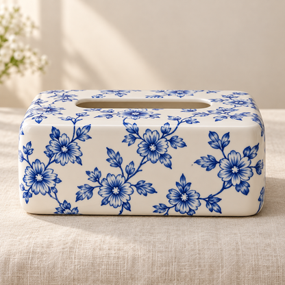 Blue and White Floral Tissue Box Cover with a Porcelain-Inspired Finish and Rounded Rectangular Shape