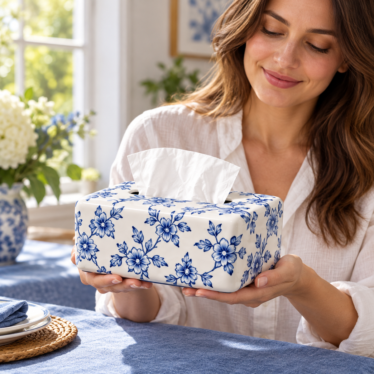 Blue and White Floral Tissue Box Cover with a Porcelain-Inspired Finish and Rounded Rectangular Shape