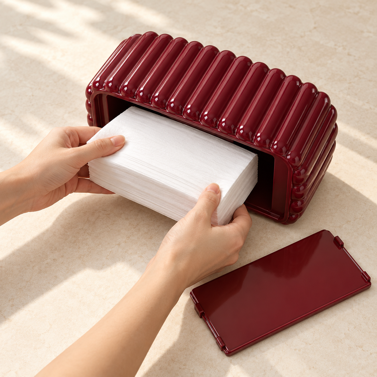 Deep Burgundy Tissue Box Cover with Glossy Vertical Fluting and Softly Rounded Edges