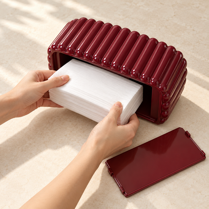 Deep Burgundy Tissue Box Cover with Glossy Vertical Fluting and Softly Rounded Edges