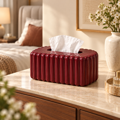 Deep Burgundy Tissue Box Cover with Glossy Vertical Fluting and Softly Rounded Edges
