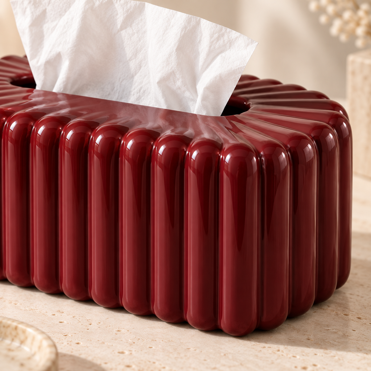 Deep Burgundy Tissue Box Cover with Glossy Vertical Fluting and Softly Rounded Edges