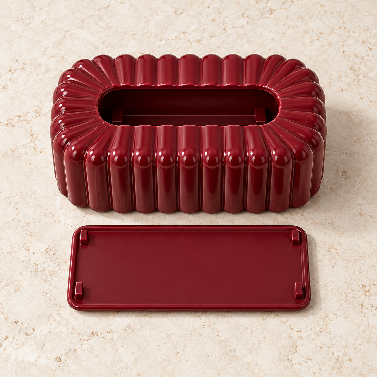 Deep Burgundy Tissue Box Cover with Glossy Vertical Fluting and Softly Rounded Edges