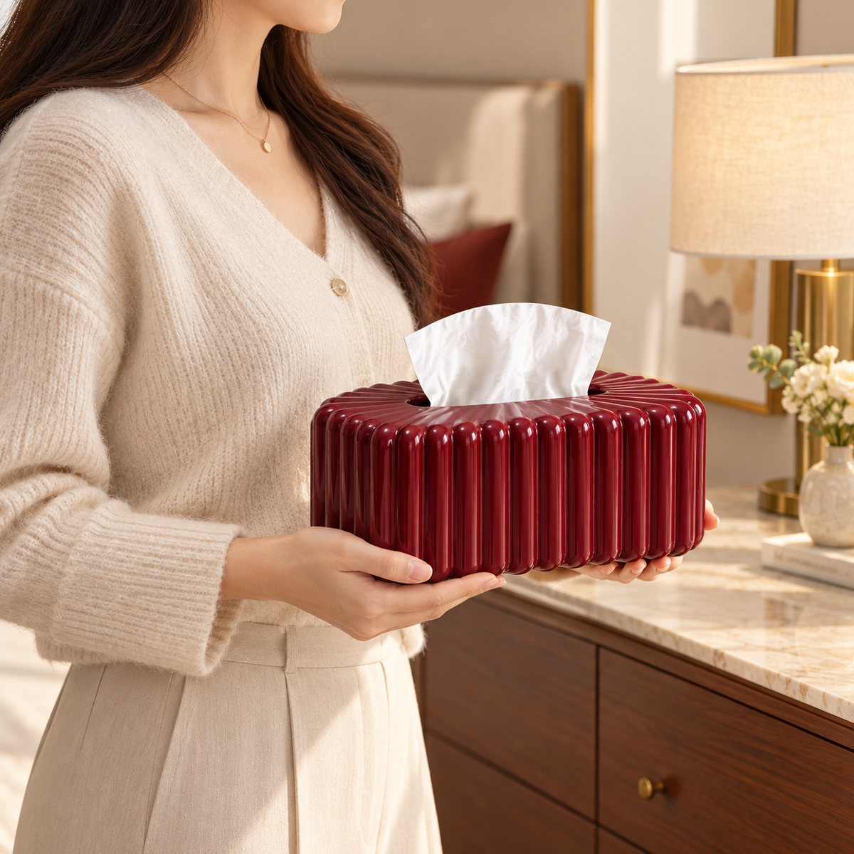 Deep Burgundy Tissue Box Cover with Glossy Vertical Fluting and Softly Rounded Edges