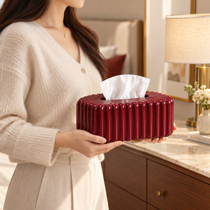 Deep Burgundy Tissue Box Cover with Glossy Vertical Fluting and Softly Rounded Edges