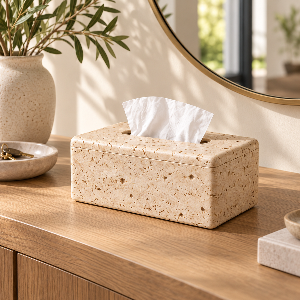 Warm Beige Tissue Box Cover with a Travertine-Inspired Pattern and Clean Rectangular Form