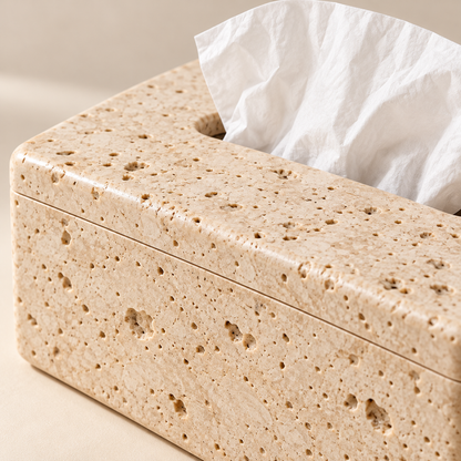 Warm Beige Tissue Box Cover with a Travertine-Inspired Pattern and Clean Rectangular Form