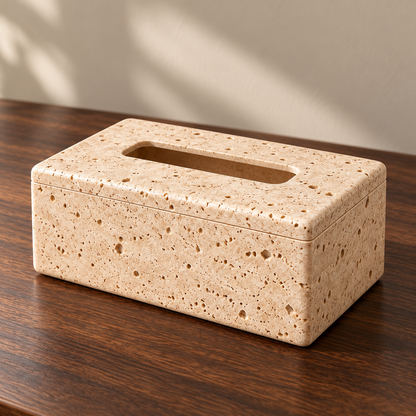 Warm Beige Tissue Box Cover with a Travertine-Inspired Pattern and Clean Rectangular Form