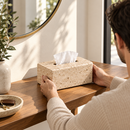 Warm Beige Tissue Box Cover with a Travertine-Inspired Pattern and Clean Rectangular Form