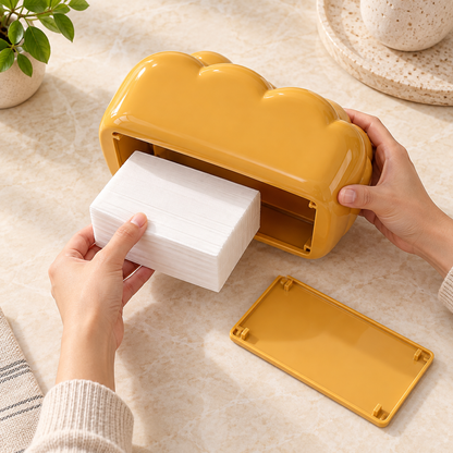 Golden Yellow Tissue Box Cover with a Cloud-Inspired Shape and Rounded Sculptural Curves