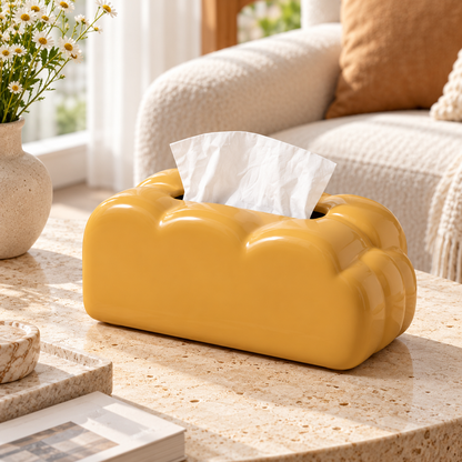 Golden Yellow Tissue Box Cover with a Cloud-Inspired Shape and Rounded Sculptural Curves