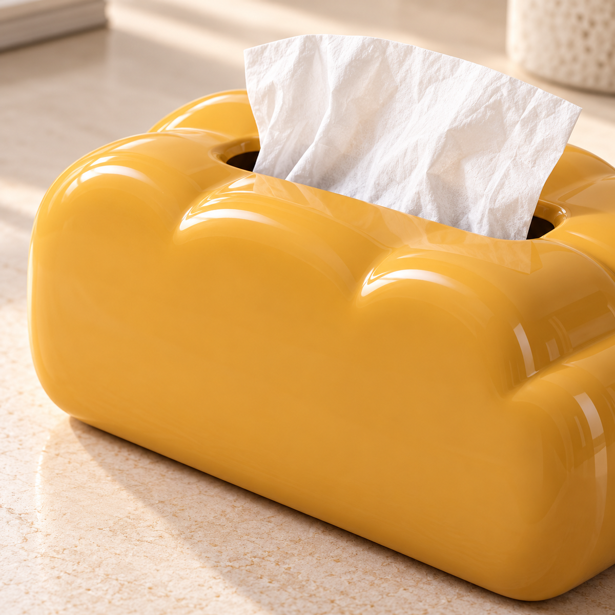 Golden Yellow Tissue Box Cover with a Cloud-Inspired Shape and Rounded Sculptural Curves
