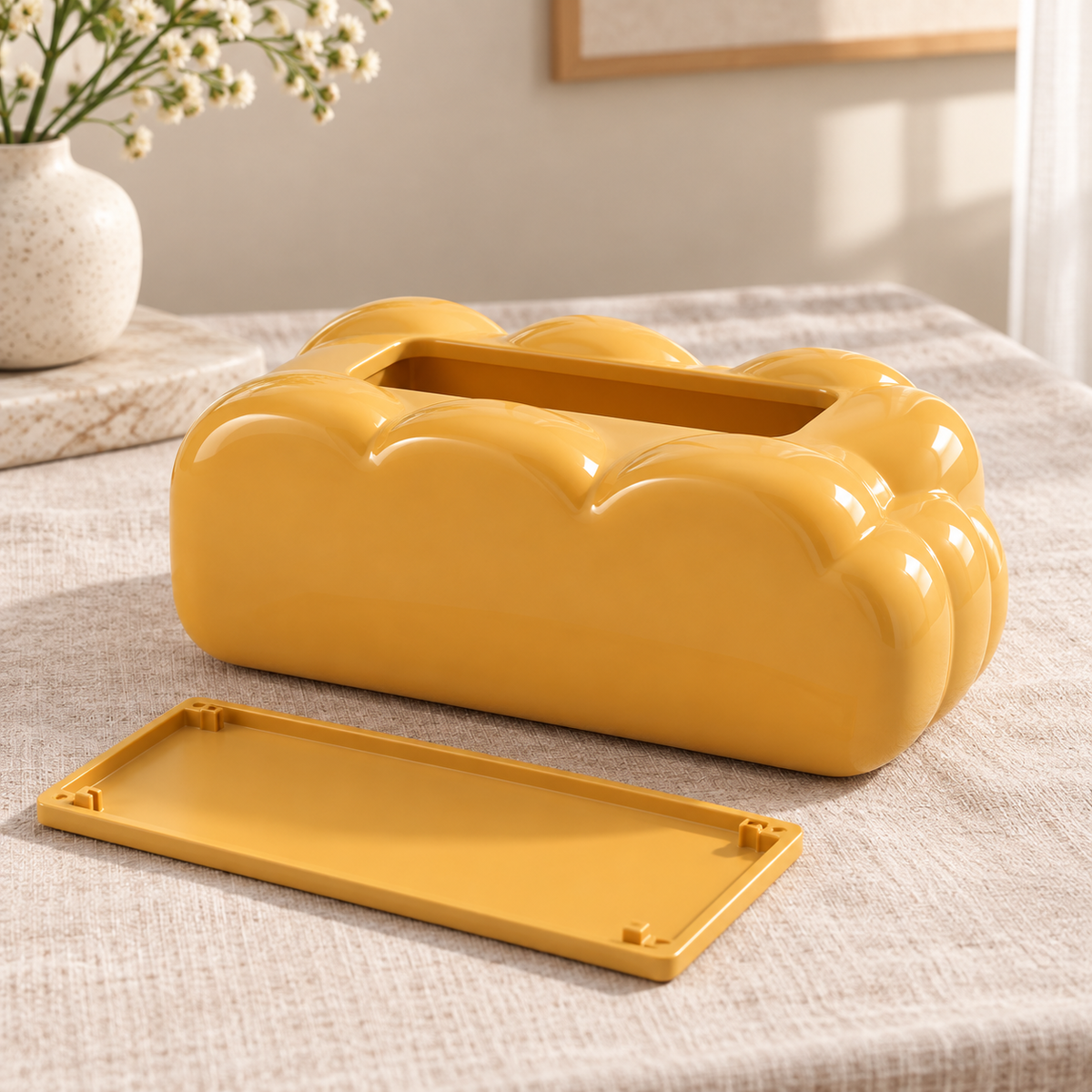 Golden Yellow Tissue Box Cover with a Cloud-Inspired Shape and Rounded Sculptural Curves
