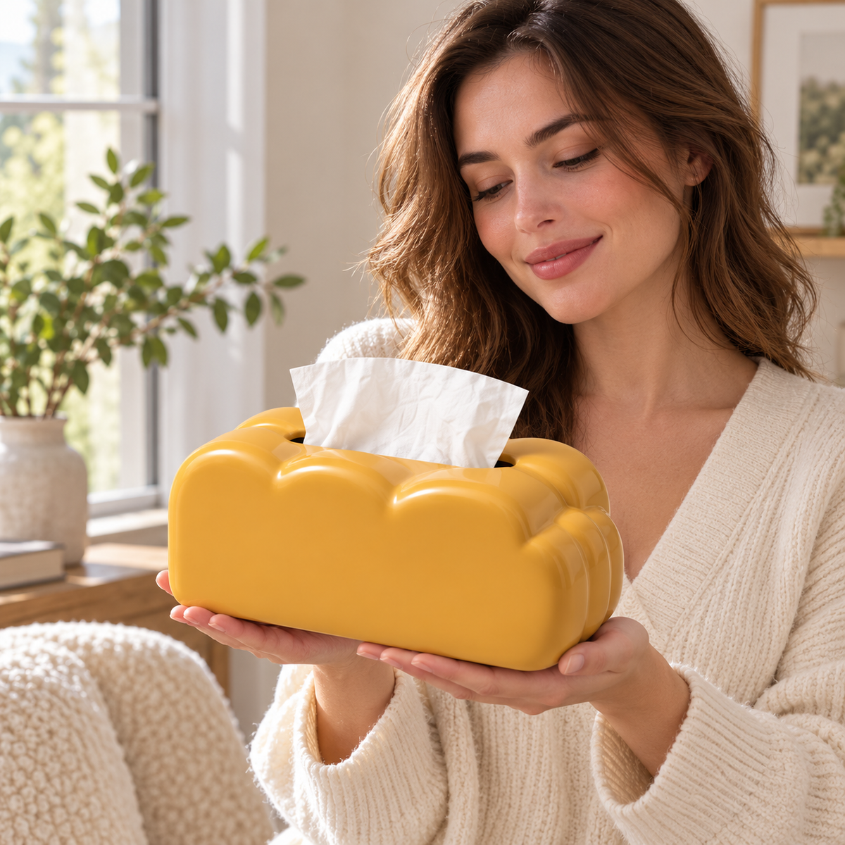 Golden Yellow Tissue Box Cover with a Cloud-Inspired Shape and Rounded Sculptural Curves