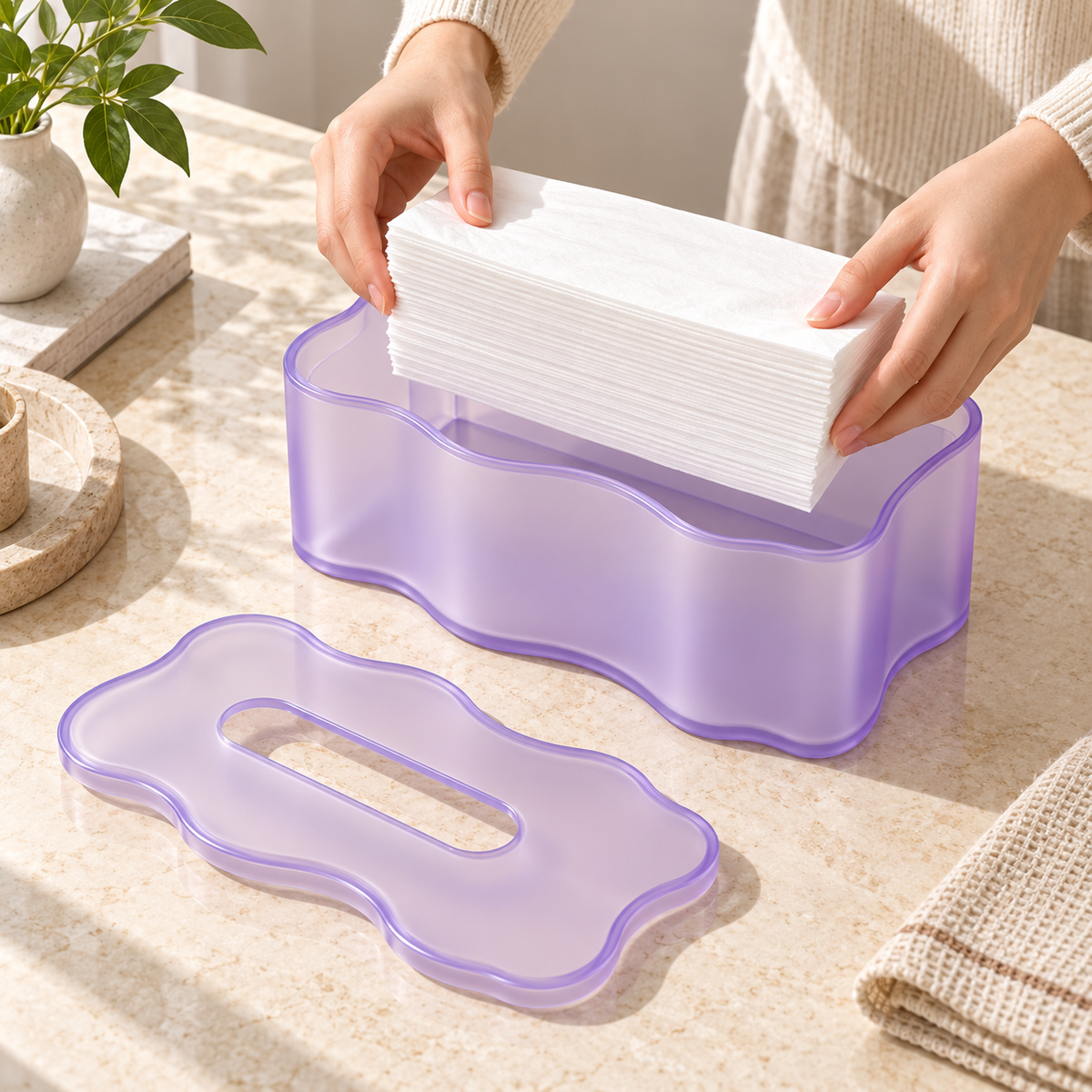 Translucent Lavender Tissue Box Cover with Wavy Edges and a Flowing Sculptural Outline