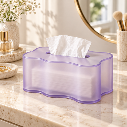 Translucent Lavender Tissue Box Cover with Wavy Edges and a Flowing Sculptural Outline