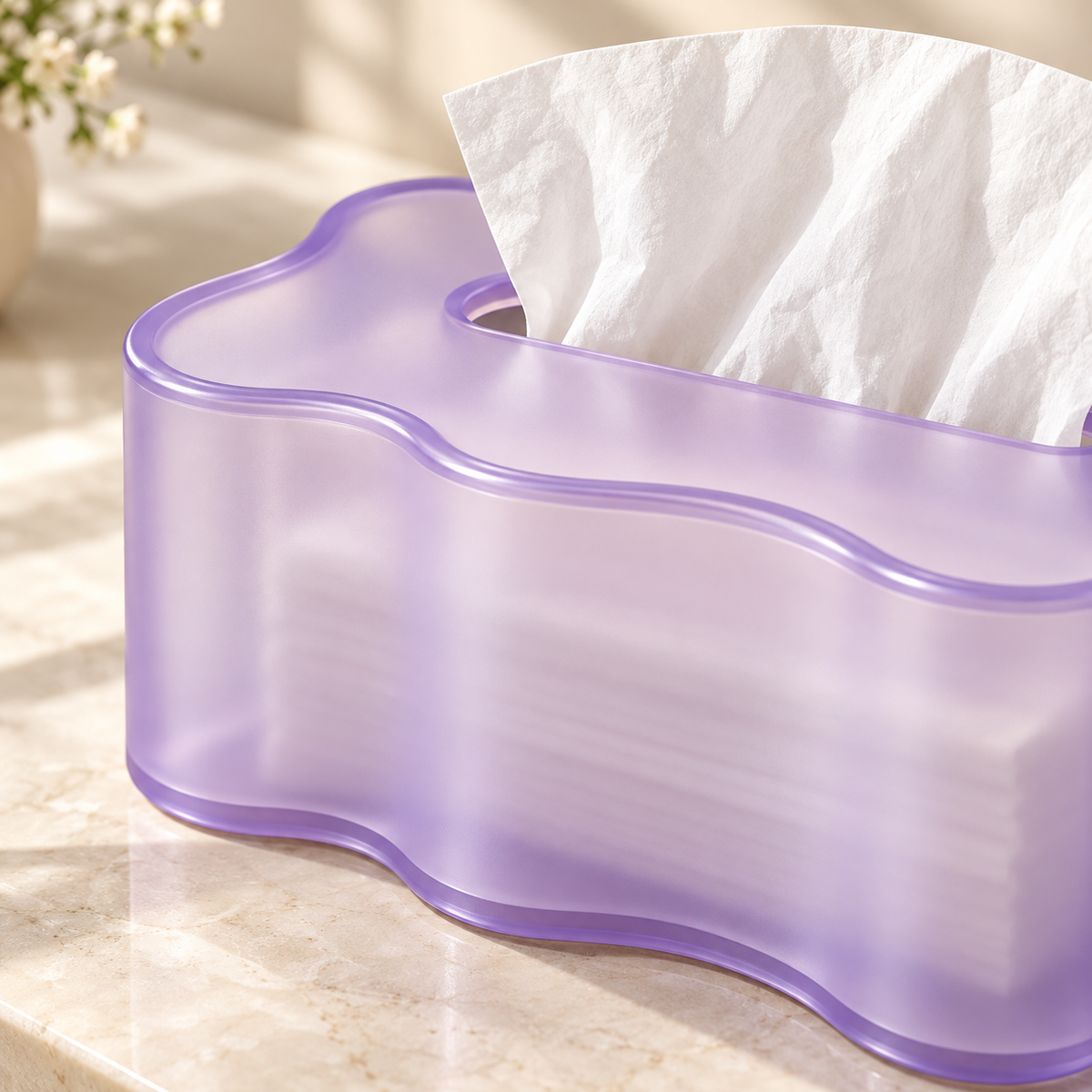Translucent Lavender Tissue Box Cover with Wavy Edges and a Flowing Sculptural Outline
