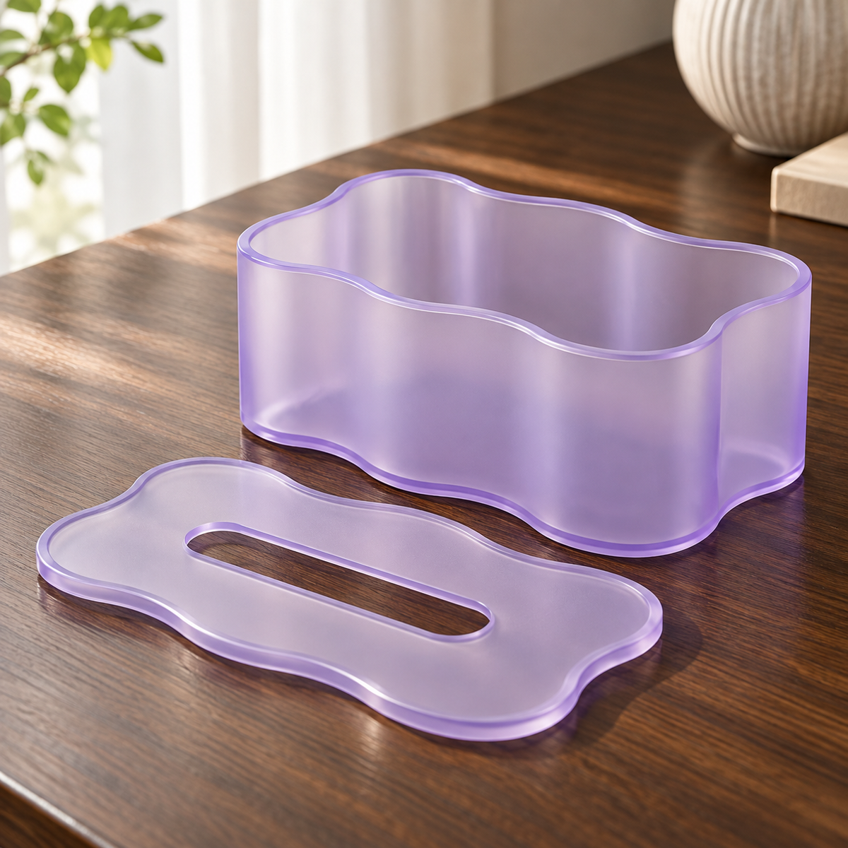 Translucent Lavender Tissue Box Cover with Wavy Edges and a Flowing Sculptural Outline