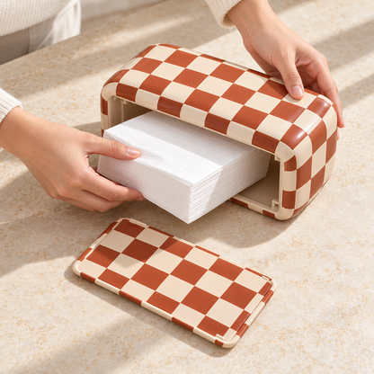 Terracotta and Cream Checkerboard Tissue Box Cover with Rounded Corners and a Bold Graphic Finish