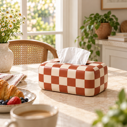 Terracotta and Cream Checkerboard Tissue Box Cover with Rounded Corners and a Bold Graphic Finish