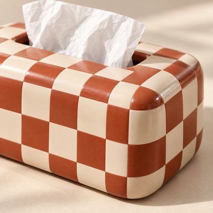 Terracotta and Cream Checkerboard Tissue Box Cover with Rounded Corners and a Bold Graphic Finish