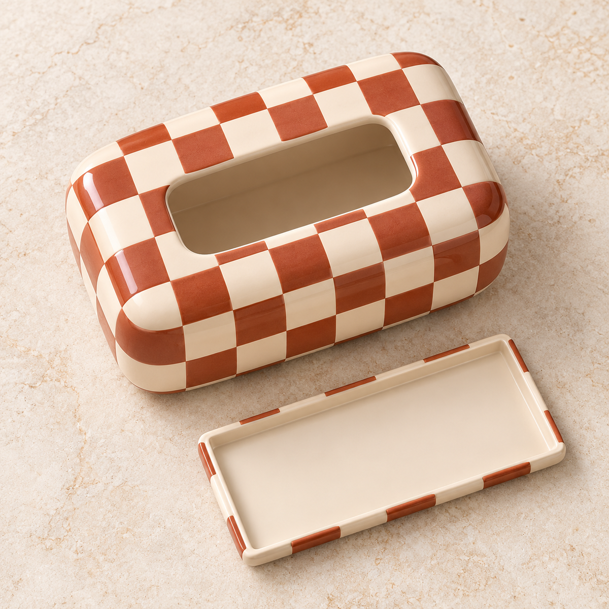 Terracotta and Cream Checkerboard Tissue Box Cover with Rounded Corners and a Bold Graphic Finish